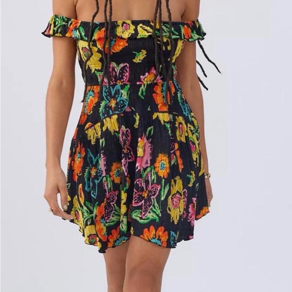 Urban Outfitters Black Off-Shoulder Mini Dress with Multicolor Floral Print